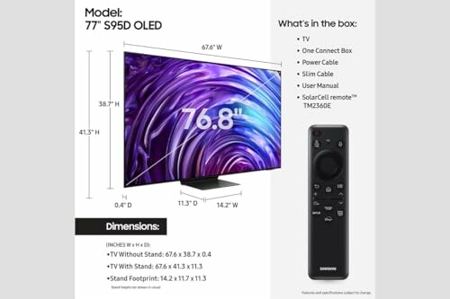 77-inch S95D OLED TV with dimensions, package contents, and remote control, showcasing its sleek design and premium features.