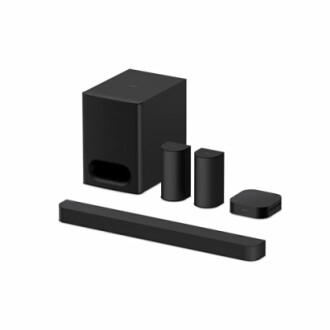 Black home theater system with soundbar and speakers.