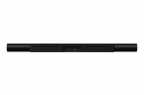 Front view of a black soundbar with a focus on its sleek design and features