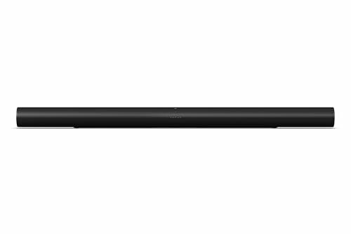 Black soundbar on a white background with a subtle emphasis on its sleek design