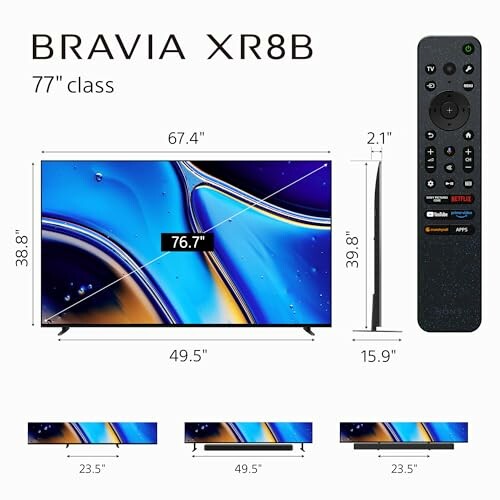 Bravia XR8B 77-inch class TV with dimensions and remote control