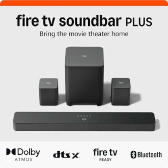 Fire TV Soundbar Plus with subwoofer and two speakers; Dolby Atmos and Bluetooth compatible.