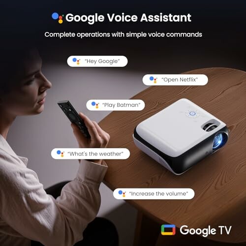 Person using Google Voice Assistant with projector and remote.