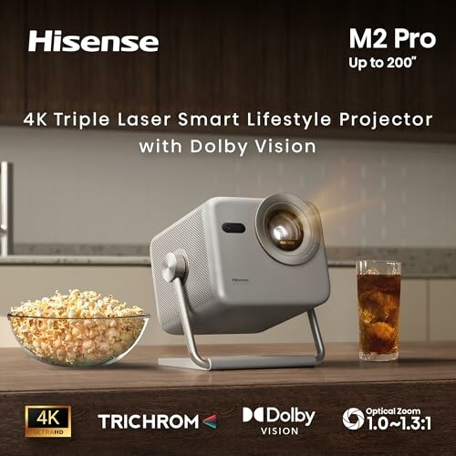 Hisense M2 Pro 4K projector with popcorn and drink