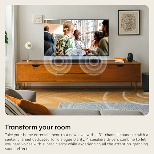 Living room with TV and soundbar on a wooden console.