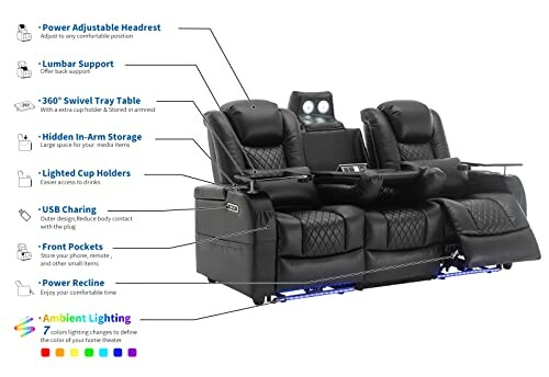 Recliner with adjustable headrest, lumbar support, swivel tray, in-arm storage, lighted cup holders, USB charging, front pockets, power recline, ambient lighting.