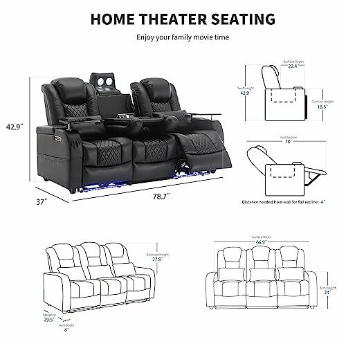 Home theater seating with dimensions and features labeled.