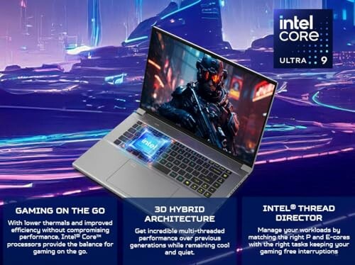 Intel Core Ultra 9 gaming laptop with 3D hybrid architecture and thread director.