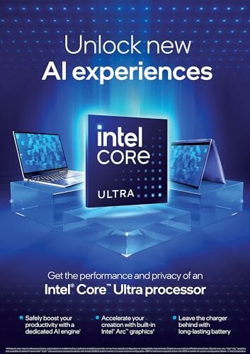 Advertisement for Intel Core Ultra processor with laptops and blue background.