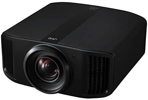 Black JVC projector with lens and vents