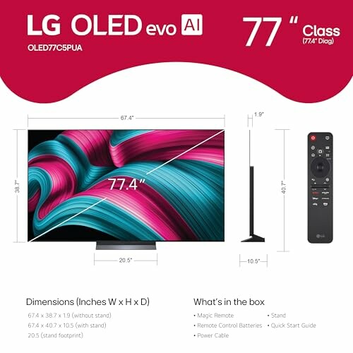 LG OLED evo AI 77 inch TV with dimensions and included accessories.