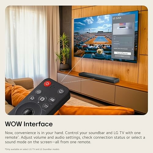 LG TV and soundbar controlled with a remote, displaying sports on screen.