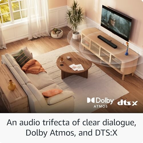 Living room with sofa, TV, and sound system featuring Dolby Atmos and DTS:X.