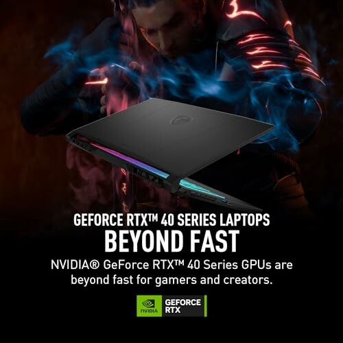 NVIDIA GeForce RTX 40 Series Laptops promotional image with laptop and person in background