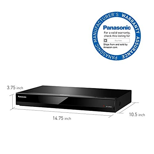 Panasonic DVD player with dimensions and warranty seal.