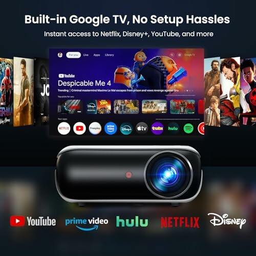 Projector displaying streaming services like Netflix, Disney+, and YouTube.
