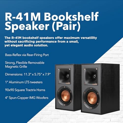 Klipsch Reference R-41M Bookshelf Home Speakers with compact design and balanced sound distribution.