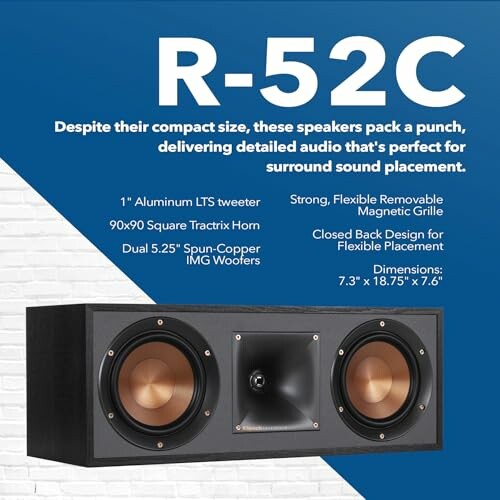 Klipsch Reference R-52C Center Channel Home Speaker with sleek black design and compact size.