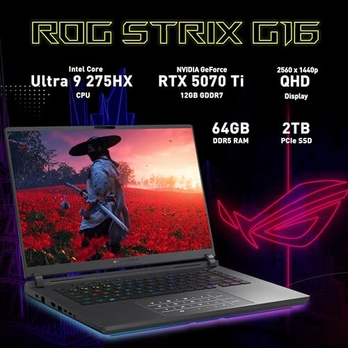 ROG Strix G16 gaming laptop with specs including Intel Core i9, RTX 5070 Ti, 64GB RAM, 2TB SSD.