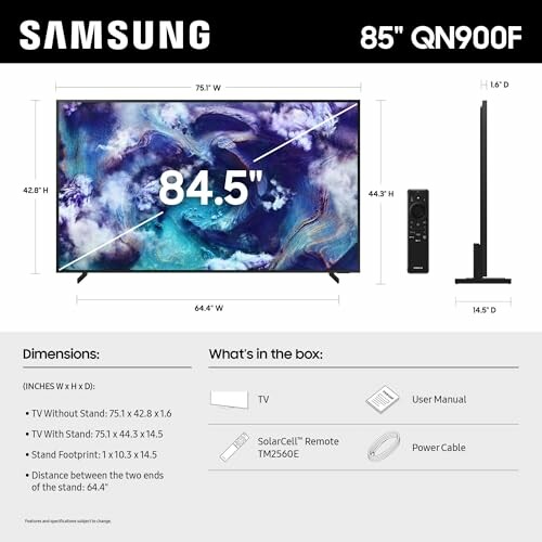 Samsung 85 inch QN900F TV dimensions and box contents.