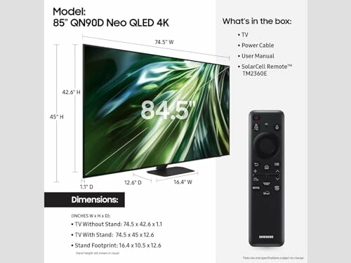 Samsung 85-inch QN90D Neo QLED TV with remote and dimensions