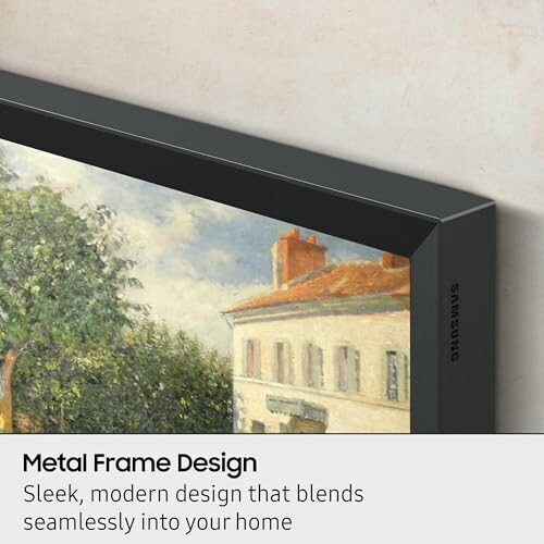 Samsung TV with metal frame design blending into home decor.