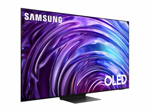 Samsung OLED TV with abstract purple swirl on screen, showcasing its stunning picture quality and immersive audio.