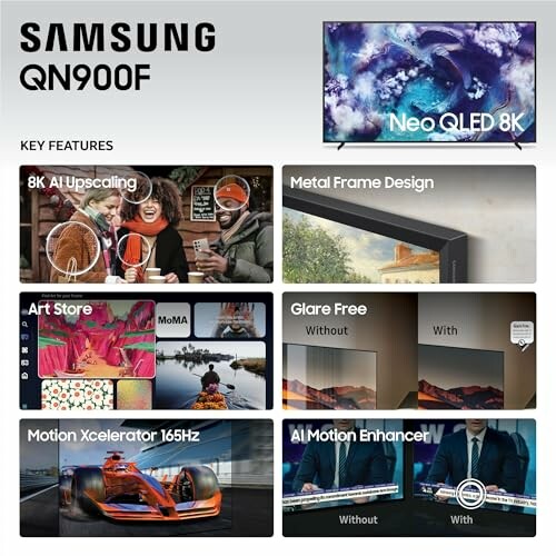 Samsung QN900F TV features Neo QLED 8K, 8K AI Upscaling, Metal Frame Design, Art Store, Glare Free, Motion Xcelerator 165Hz, AI Motion Enhancer.