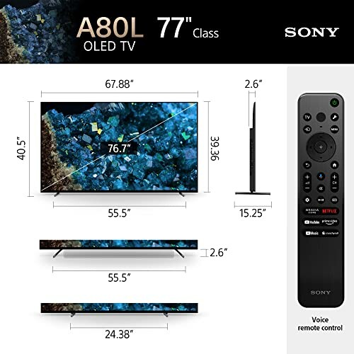 Sony A80L 77-inch OLED TV dimensions and remote control.