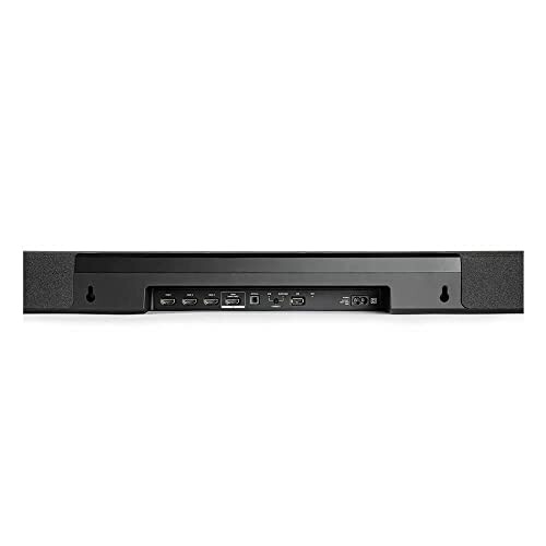 Rear view of a soundbar showing various ports and connectors.