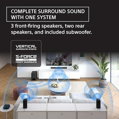 Surround sound system with front and rear speakers and subwoofer in a living room.