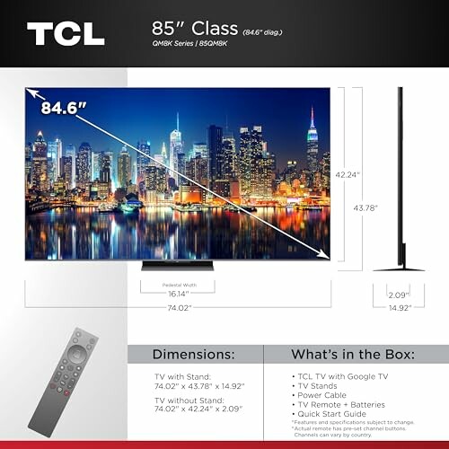 TCL 85-inch TV dimensions and features overview.