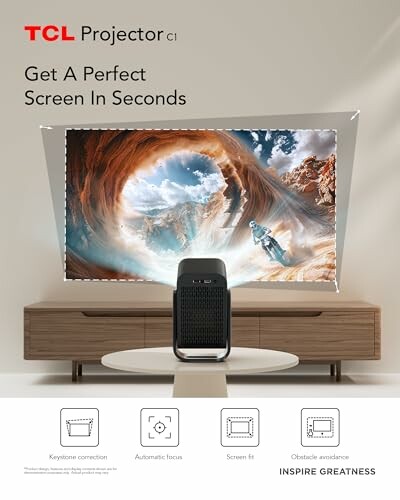 TCL Projector C1 showcasing keystone correction and screen fit features
