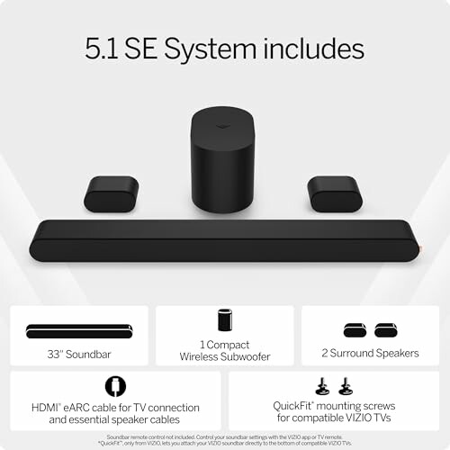 Components of Vizio 5.1 SE System including soundbar, subwoofer, and speakers.