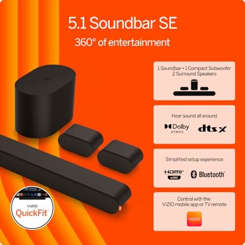 Vizio 5.1 Soundbar SE with subwoofer and surround speakers, featuring Dolby Atmos, DTS:X, HDMI, Bluetooth, and Vizio app control.
