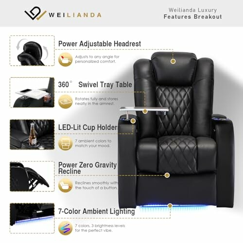Weilanda luxury chair with adjustable headrest, swivel tray, LED cup holder, zero gravity recline, and ambient lighting.