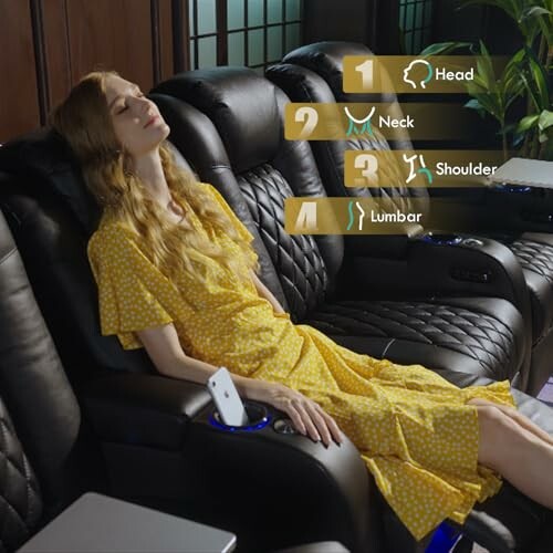 Woman in yellow dress relaxing in massage chair with highlighted massage zones.